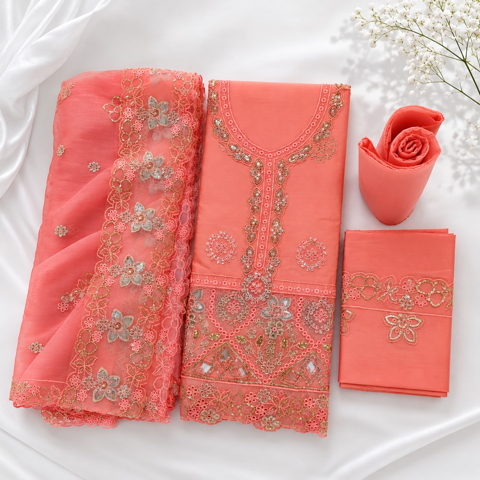 Peach Embroidered 3 Piece Suit - Premium Party Wear