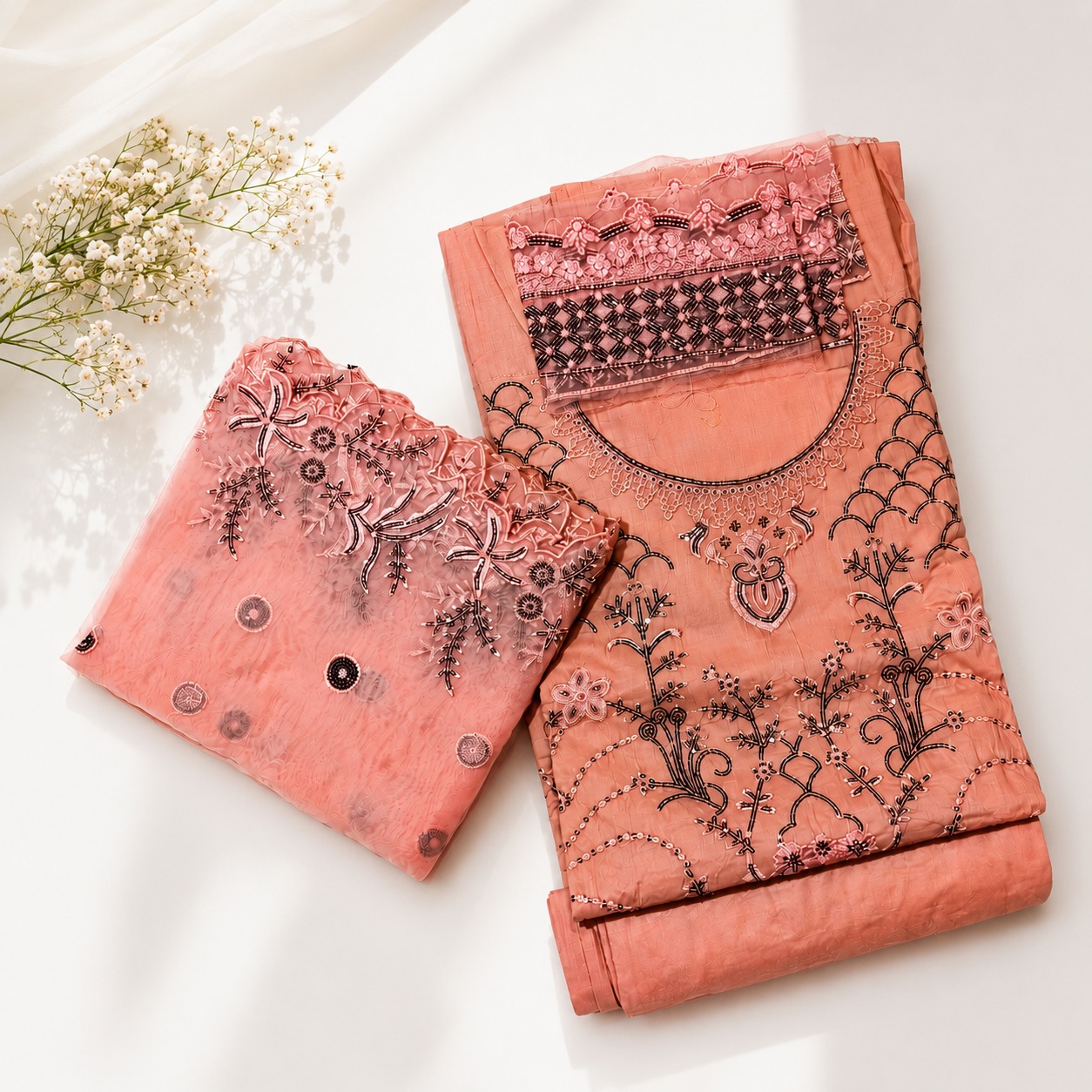 Peach Embroidered 3 Piece Cotton Suit for Women – Premium Cotton Dress with Embroidered Shirt, Dupatta & Trouser | Elegant Summer Wear