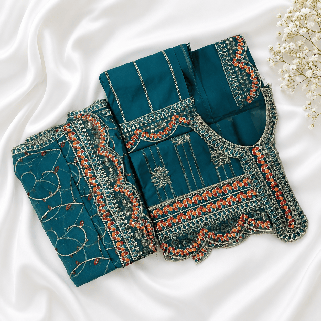 Luxury Teal Embroidered 3 Piece - Party Wear