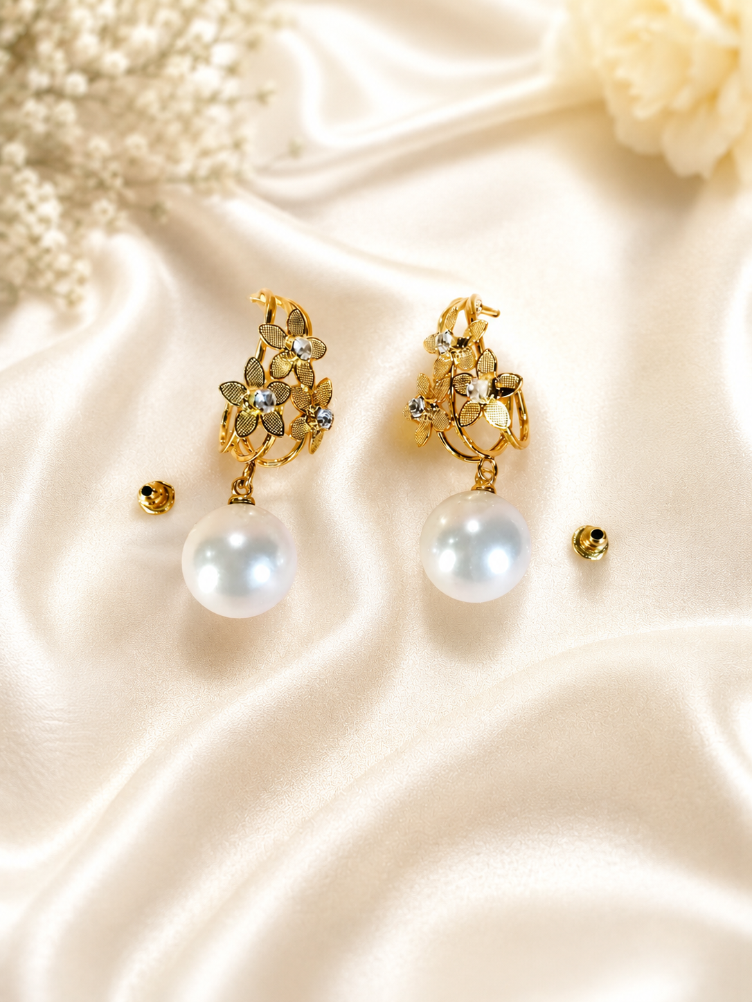 Elegant Gold-Plated Floral Pearl Drop Earrings for Women